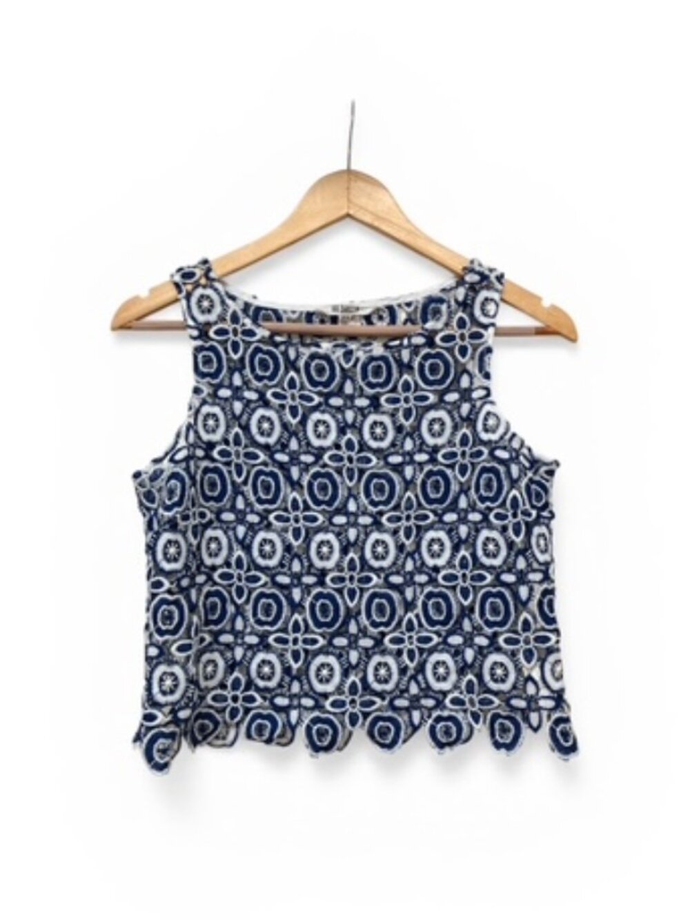 BB Dakota Blue and white sheer embroidered lace Crop tank top size XS